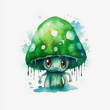 magic mushroom zombie, cute green mushroom zombie, Watercolor clipart, magic solid background, transparent
