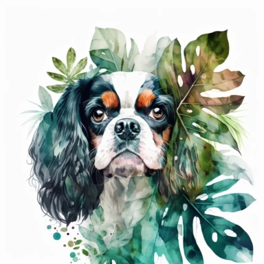 beautiful, black and white Cavalier King Charles Spaniel head looking up, among leaves like in the jungle, watercolor by Liu Yi, intense colors, clipart, high quality, on white background,