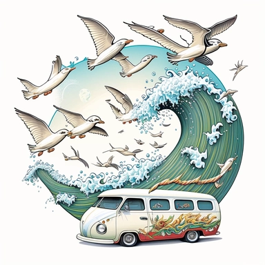 Create a magical image of a van soaring above a sparkling wave, surfboards capturing the sunlight, while a flock of seagulls creates a mesmerizing aerial display, against a serene white canvas, illustration style, white background, clipart, PNG pure white background, high resolution, hyper detailed, best quality, high detailed illustration