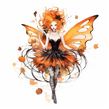 watercolor style Halloween fairy, clipart, large orange,wings, black white stripes, pumpkin, isolated on white background, in the style of Amy Brown, beautiful fall floral, bright color, crisp lines, chaos 8