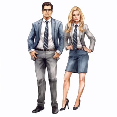 watercolor, the big boss, businessman and businesswoman, business clothes. The concept of office workers, directors, and subordinates png Full body realistic cartoon in 32K UHD cute. 15 cm thick outline. Black color. There was no shadow on the ground. 8k with realistic watercolors and detailed illustrations. PNG clipart, transparent white background