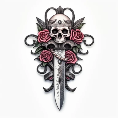 a mesmerizing clipart of a knife set against a pristine white background. This knife possesses an artistic art style infused with goth elements, such as intricate skulls, delicate roses, and elegant ribbons