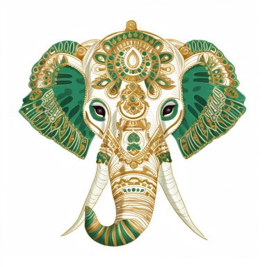 Flat illustration, Delicate embroidery depicts the head of traditional Chinese elephant head dance, with green and gold as the main colors, bright lighting, unimaginable details, a lot of negative white space, uhd, 16k,white background, clipart