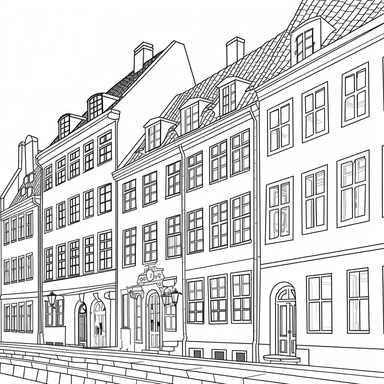 coloring book for young kids, nyhavn buildings, cartoon style, kawaii style, simple, low detail, thick and bold lines, no shading, black and white, vector logo, vector file, clipart, ar 9:11