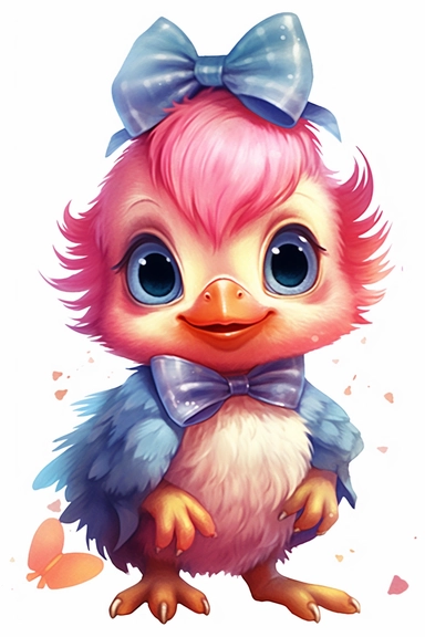 a cute baby bird with big eyes and a pink hair bow, clipart, white background