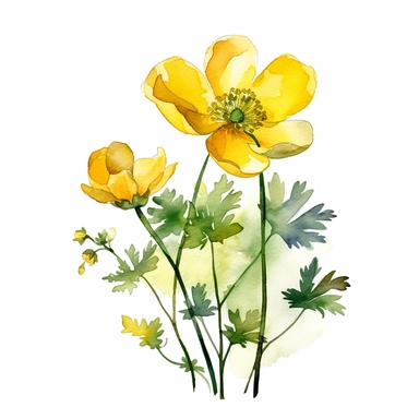 Buttercup flower, water color style, clipart, white background