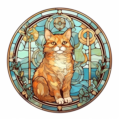 Vintage Cute Beautiful Round Stained Glass Cat Sublimation Clipart, Cartoon, hyper realistic, intricate detail, illustration style, high solution, on the white background