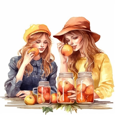 create a one of a kind high quality highly detailed saturated beautiful WATERCOLOR CLIPART ILLUSTRATION OF APPLE CIDER illustration by peachie art, in the style of outdoor scenes, whitcomb-girls, romanticized country life, gold and amber, charming characters, romantic scenery, watercolorist, WHITE BACK GROUND, NO TEXT, NO FONT, NO WORDS