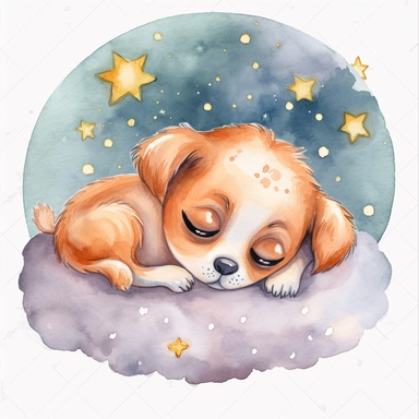 watercolor Puppy, big eyes, cute, sleeping and hugging a pillow. and sleep on the crescent moon Surrounded by twinkling stars, sweet dreams vividly bold designs png realistic cartoon in 32K UHD cute. 15 cm thick outline. There was no shadow on the ground. 8k with realistic watercolors. and detailed illustrations. PNG clipart , transparent white background