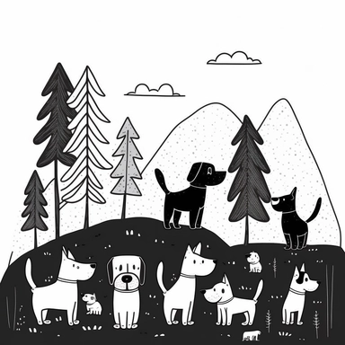 group of dogs hiking together in the mountains. cute, clipart, flat 2d vector, minimalist, black and white, kids cartoon, svg cut file, line art drawing