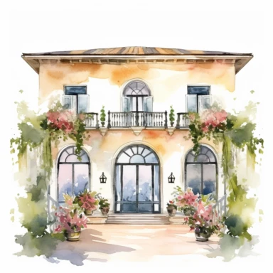 Watercolor drawing italian venue, wedding venue in flowers, watercolor clipart, white background, isolated on white, 8k, watercolor style