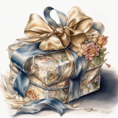 insanely beautiful wrapped gift , in the style of beatrice potter and jody Bergsma, silk bow,32k uhd, hand-painted details, pastoral illustrations, amazing colour combinations , aquarellist, hd , white background clipart ,-- no watermark--ar 27:37