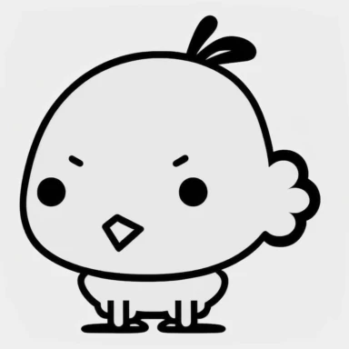 Simple outline of a baby Turkey, kids cartoon, minimalist, black on white, lineart, 2d flat file, silhouette, clipart, uninterrupted outline as in an svg, perfect outline corners, make it an outline svg and fill color white, exact outline, the line should not be thickened, the line should not be thicker or thinner, the outline of the line should be thin, maximum 1 millimetre.