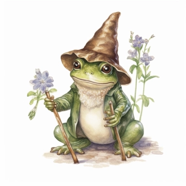 a Cute Frog dressing as wizard clipart, vintage illustration, vintage print poster, Woods Forest Animals Frog PNG Frog Daisy Flowers Water Lilies Sublimation watercolor print, white background, watercolor paint, procreate watercolor drawing, Watercolor Sublimation design, realistic cartoon, realistic water based colors, clipart, transparent white background