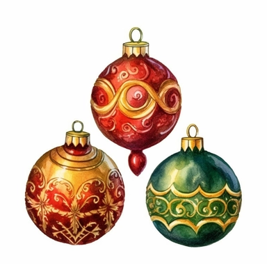 watercolor clipart of Christmas toys, vintage red green gold colors, isolated on white background
