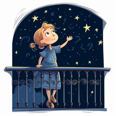 fantasy happy cute child on a balcony looking up at the stars with wide-eyed wonder. One hand is stretched out as if trying to catch the winking stars that seem to be playing hide and seek with her, full body, children illustration, cartoon, clipart, mascot, isolated on white background