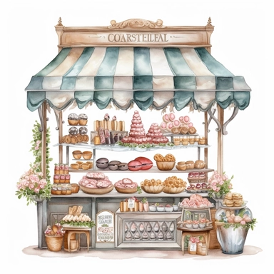 bakery shop stand with sweet treats, French inspired, glamorous, Gouache, white background with margins, Clipart style