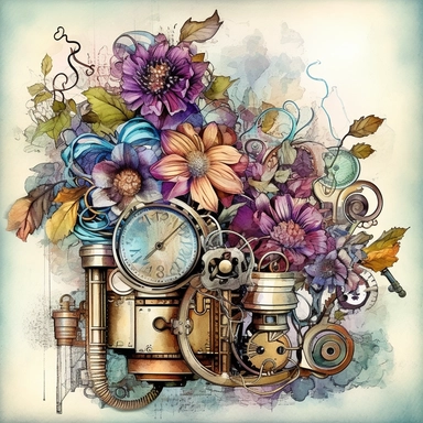 Embark on a creative journey that fuses the whimsy of watercolor with the industrial charm of steampunk, resulting in a unique collection of floral arrangements clipart that commands attention. Employ watercolor as the chosen artistic medium, harnessing its fluidity and transparency to infuse the compositions with an ethereal quality. Draw inspiration from steampunk genres and artists like Sydney Padua and incorporate steampunk motifs such as gears, cogwheels, and brass accents into the floral a
