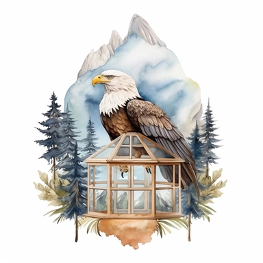 create a watercolor Eagles Clipart with sky, glass, mirror, tree and boutiques