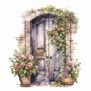 watercolor style, vintage romantic floral door, clipart, isolated on white background, 4K,