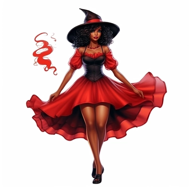 A very attractive black beauty witch in a red dress emphasizing her beautiful figure as a clipart on a white background