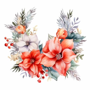 watercolor christmas flower border, clipart isolated on clear white background, bright colors, boho, lithograph, 32k uhd, textural