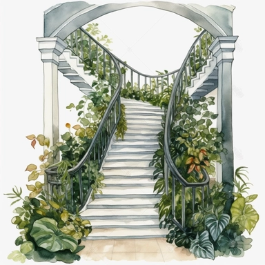 watercolor overgrown library hallway stairs clipart, no background, greenery