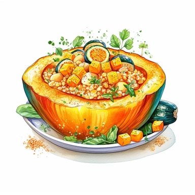 a delightful watercolor, hyper-realistic clipart image with a white background and white margins, portraying a stuffed butternut squash with a delicious stuffing of quinoa, vegetables, and herbs. The ultra-detailed, hand-drawn elements capture the golden exterior and the flavorful filling of the stuffed squash. Use whimsical touches to add a touch of creativity, and bold shades of orange, green, and brown to create a visually enticing image that conveys the gourmet and wholesome nature of this s