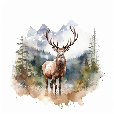 watercolor style, buck deer with the mountain forest in the back clipart, isolated on white background, hd