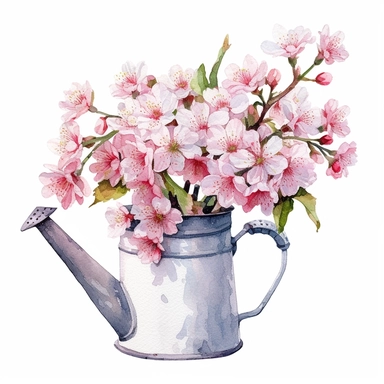 realistic high detailed watercolor provencal watering can with sakura bouquet inside clipart, white background