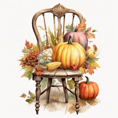 watercolor mixed media masterpiece kitchen beautiful white rustic chair, richly decorated with pumpkins, gourds, and Indian corn, field, landscape, provence, golden accents, shabby shic style, by Vladimir Kush style and by Daniel Ridgway Knight style and by Nicholas Hely Hutchinson style and by Andrew Wyeth style, Baroque style, PNG clipart, isolated on white, extreme photorealistic details, 32k HD resolution, realistic high detailization high resolution, white background, isolated image,