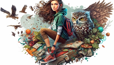 Creative graphic design, beautiful thin russian girl with brown wavy hair, green eyes, insta girl,wearing hip - hop clothes, nike shoes, asian and western culture mix, asian dragons, owls, lanterns, ice cream,Ipad, collage, clipart, graphic, illustrations, 16K, exceptional attention to detail, wide angle lens