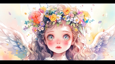 Watercolor beautiful angel girl with beautiful face and big eyes with flowers, white wings, feathers, rainbow, chibi kawaii animated style, vivid vibrant colors, intricate detail, hyper detailed, hyper quality, 32K, unreal engine, isolated on white background, kawaii, clipart