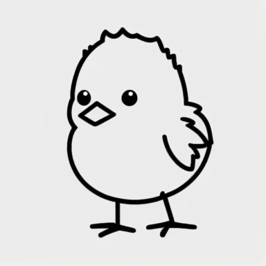 Simple outline of a Chick, kids cartoon, minimalist, black on white, lineart, 2d flat file, silhouette, clipart, uninterrupted outline as in an svg, perfect outline corners, make it an outline svg and fill color white, exact outline, the line should not be thickened, the line should not be thicker or thinner, the outline of the line should be thin, maximum 1 millimetre.