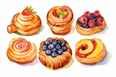watercolor Danish pastry clipart, hd, white background, spaced out