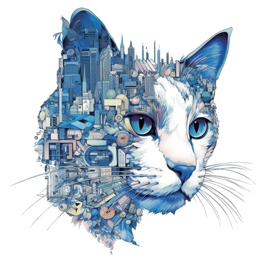 city cat, Blue eyes, collage quirky cool collage, Felis catus clipart, white contour detailed, clean line, hd, on white background, spaced out