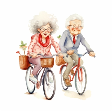 Cartoon funny grandpa and grandma riding a bicycle clipart, white background, watercolor