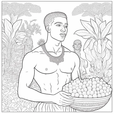 coloring sheet for adults of a young african male deity of commerce and trade, nurturing, no grey or black, no color, hand drawn, line art, printable outlined art, crisp lines, coloring pages for adults, think lines, intricate details , clipart, vector, farm and agriculture background, commerce, yams lots of yams