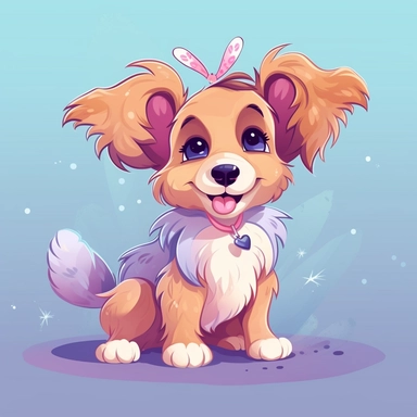 happy playfull fairy doggy, full body, playing, long eyelashes, cartoon character, vector illustration, clipart, 2D, flat style