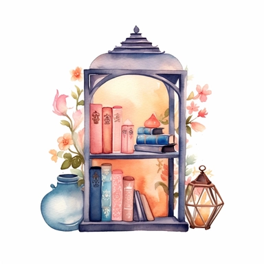 miniature bookshelf with fancy lantern,watercolor,floral,cute,light color,white background,clipart