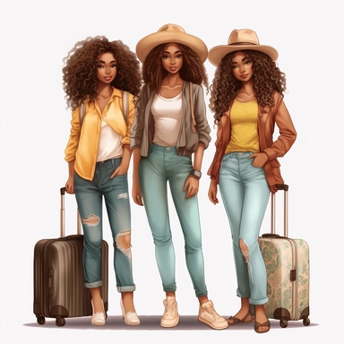 full body clip art+3 friend black Nubian woman+ long wavy hair+ kawaii+ standing next to suit case+ multiple traveling bags+ legs crossed at ankles+ high heels+skinny jeans and nice shirt+big hat+vacation vibes+detailed+ niji 5+ uhd+ png clipart+ airport