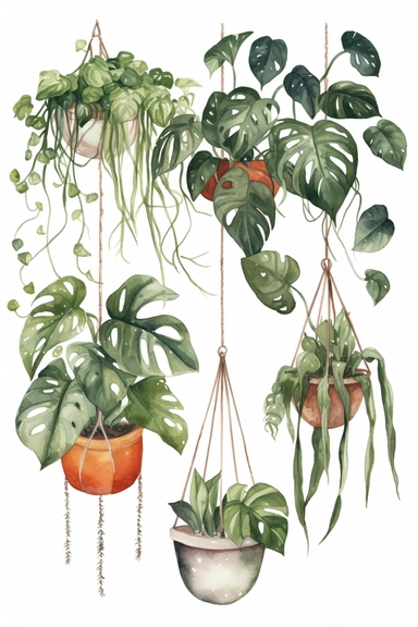 Philodendron cute hanging pot watercolor clipart