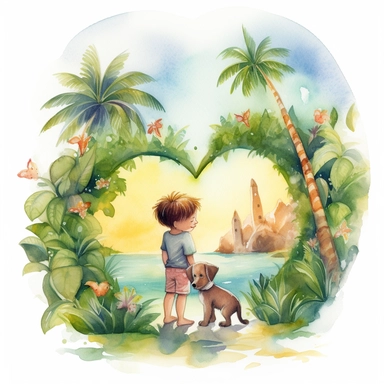 watercolour, tropical island setting, showcase a cute little boy (he is aged 4) hugging his little adorable puppy, the puppy has tropical flowersd around his neck, the feeling is happy, magical, the cloouds in the sky are fluffy in the shape of a love heart to signify the love between the little boy and his best friend, clipart style