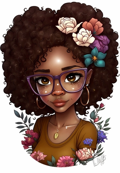 2d watercolor clipart kawaii, ssummer, character of beautiful african american woman, Intricately rendered dark Skinned woman, full body portrait, intricately rendered, 8k, long thick curls brown hair, sparkles, generously detailed, hyper realistic, digital, long eyelashes, beautiful retro comic urban chick, smart, books, nerdy, glasses, 4k,