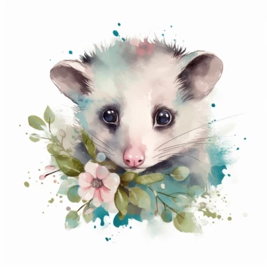 super cute newborn baby opossum clipart with huge cute blue eyes long fur smiling painted in watercolour style, splashes, pastel pink and sage green floral elements, white background 8k hd