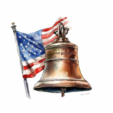 Original Liberty Bell of Philadelphia with american flag, Vectorial, highly detailed, watercolor, clipart, illustration, white background, digital painting, paper crafting, no signature, no text