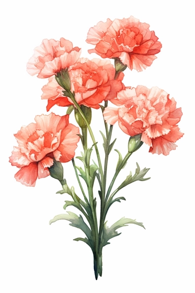 watercolor bunch of carnation flowers, hand painted style, isolated on a white background, clipart, hd