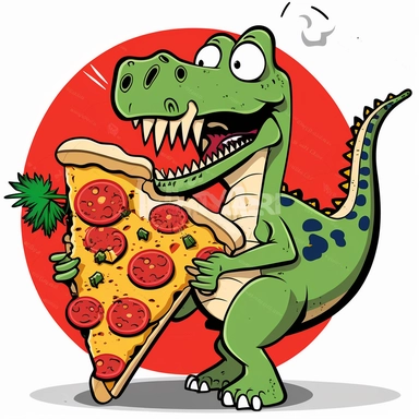 happy cartoon dinosaur eating a pizza clipart