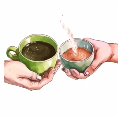 watercolor, woman hands holding hot drinks and beverage. Brewing or pouring green and black or matcha tea, cacao, espresso coffee with sugar. png Full body realistic cartoon in 32K UHD cute. 15 cm thick outline. Black color. There was no shadow on the ground. 8k with realistic watercolors and detailed illustrations. PNG clipart, transparent white background