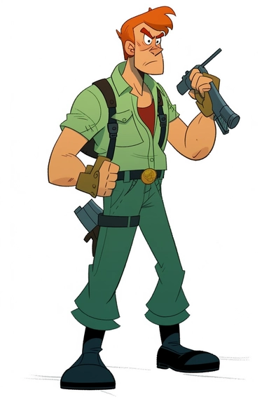 a man in a green shirt standing with his hands on his hips, trending on deviantart, cobra, hanna barbera style, redhead, gunner, diego 5, white bg, full body photo of steve, pixie, clipart, actor, shaggy, he has big knives on his belt, [ bubbles, eddie, sergeant